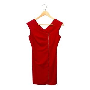 CALVIN KLEIN Cherry Red Bodycon Mini Dress w Gold Tone Zipper Front - W2